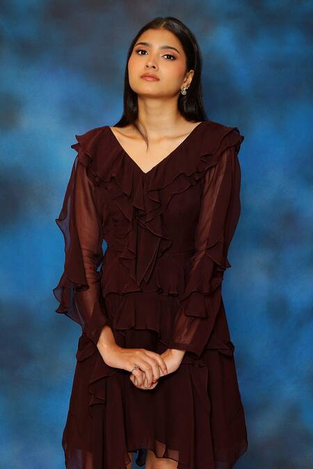 Buy Pooja Kankariya Wine Organza V Neck Ruffled Dress Buy_Pooja Kankariya_Wine Organza V Neck Ruffled Dress