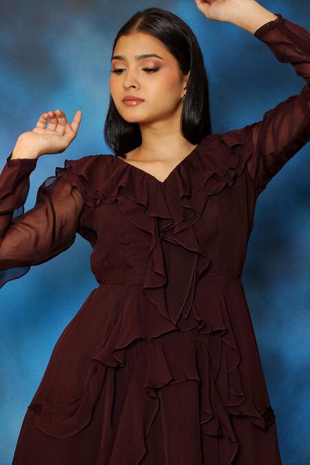 Shop Pooja Kankariya Wine Organza V Neck Ruffled Dress Shop_Pooja Kankariya_Wine Organza V Neck Ruffled Dress