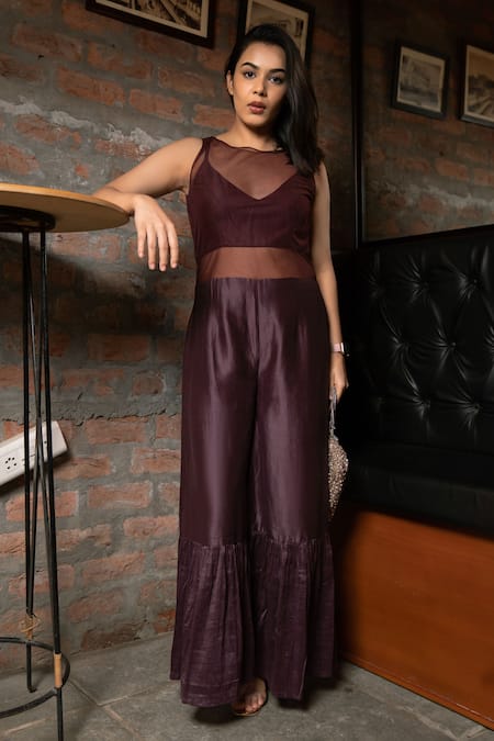 Pooja Kankariya Brown Cotton Silk Round Sheer Crushed Hem Jumpsuit 