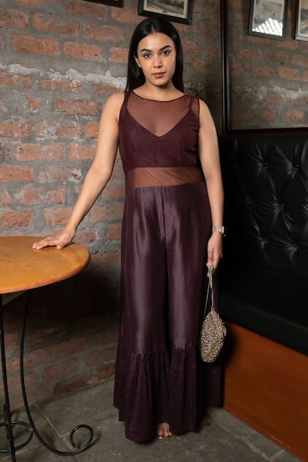 Pooja Kankariya Brown Tulle, Cotton, Silk Round Neck Sheer Crushed Hem Jumpsuit Online at Aza Fashions Pooja Kankariya_Brown Tulle, Cotton, Silk Round Neck Sheer Crushed Hem Jumpsuit _Online_at_Aza_Fashions