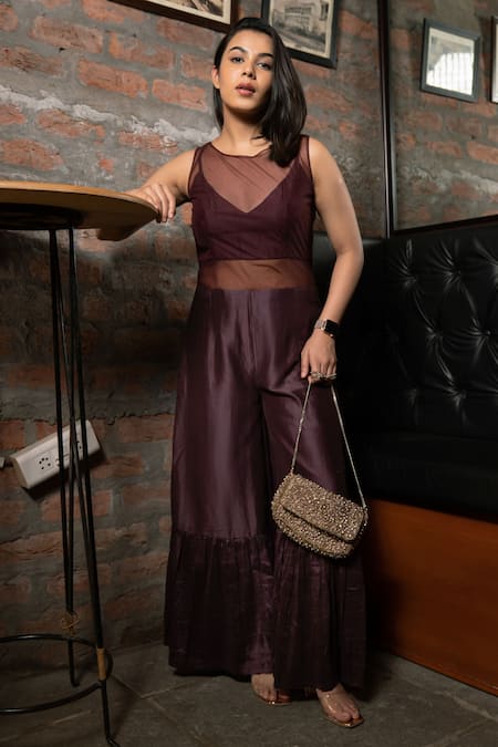 Buy Pooja Kankariya Brown Tulle, Cotton, Silk Round Neck Sheer Crushed Hem Jumpsuit Online at Aza Fashions Buy_Pooja Kankariya_Brown Tulle, Cotton, Silk Round Neck Sheer Crushed Hem Jumpsuit _Online_at_Aza_Fashions