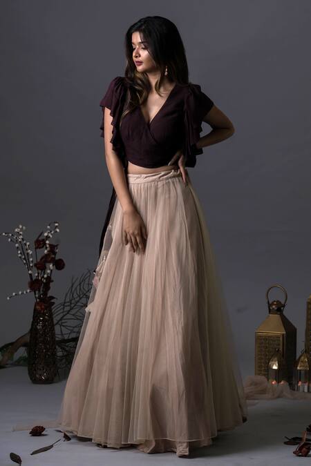 Pooja Kankariya_Wine Modal, Tulle Tassels V-neck Wrap Around Top And Skirt Set _Online_at_Aza_Fashions