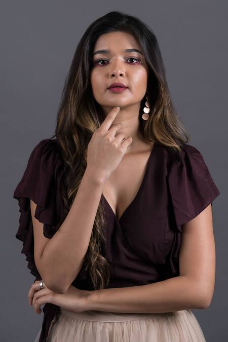 Shop_Pooja Kankariya_Wine Modal, Tulle Tassels V-neck Wrap Around Top And Skirt Set _Online_at_Aza_Fashions