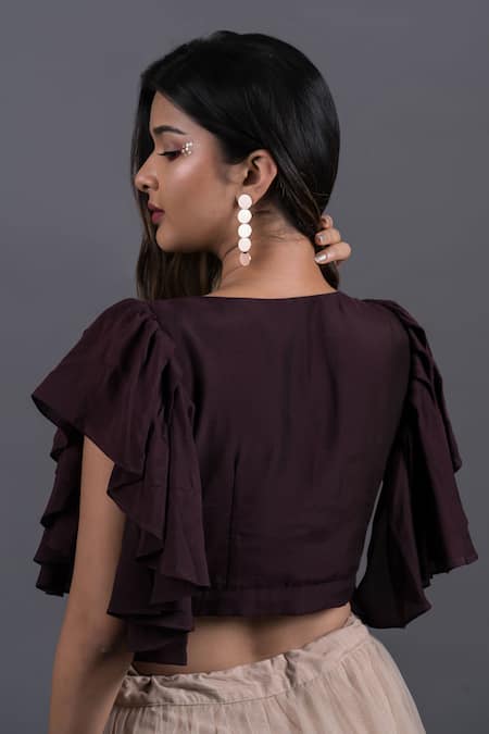 Shop_Pooja Kankariya_Wine Modal, Tulle Tassels V-neck Wrap Around Top And Skirt Set _at_Aza_Fashions