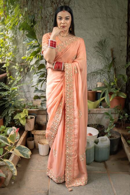 Pooja Kankariya_Peach Georgette, Silk, Organza Pearls, Zari, Zardosi Saree With Blouse _Online_at_Aza_Fashions