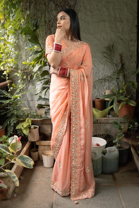 Buy_Pooja Kankariya_Peach Georgette, Silk, Organza Pearls, Zari, Zardosi Saree With Blouse _Online_at_Aza_Fashions