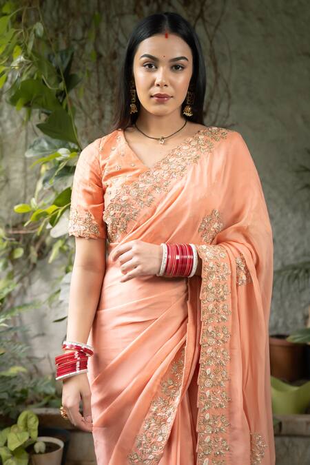 Shop_Pooja Kankariya_Peach Georgette, Silk, Organza Pearls, Zari, Zardosi Saree With Blouse _Online_at_Aza_Fashions