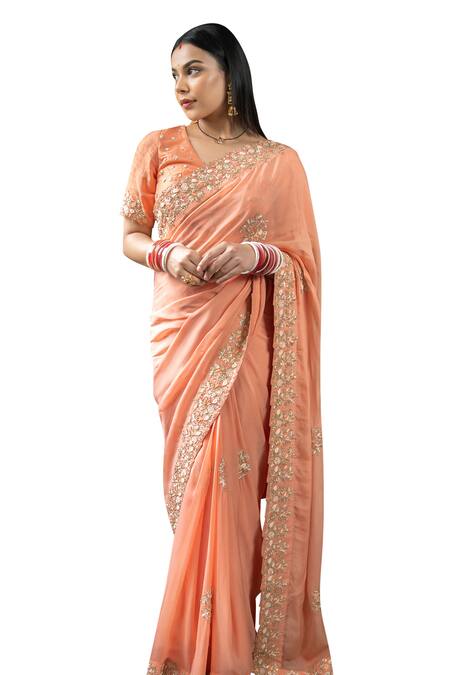 Pooja Kankariya_Peach Georgette, Silk, Organza Pearls, Zari, Zardosi Saree With Blouse _at_Aza_Fashions