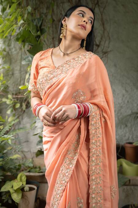 Buy_Pooja Kankariya_Peach Georgette, Silk, Organza Pearls, Zari, Zardosi Saree With Blouse 
