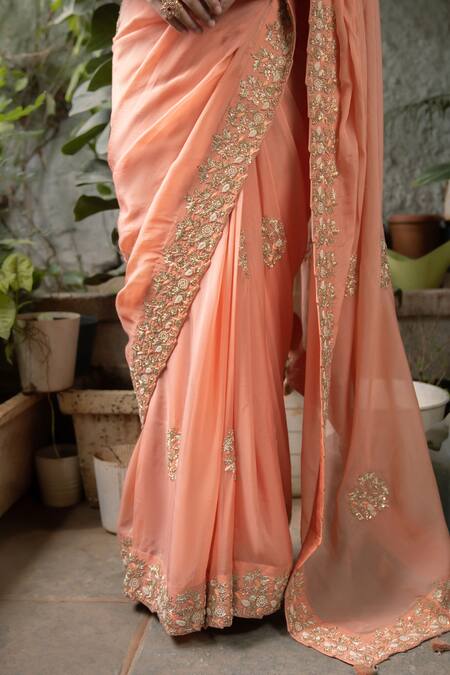 Shop_Pooja Kankariya_Peach Georgette, Silk, Organza Pearls, Zari, Zardosi Saree With Blouse 