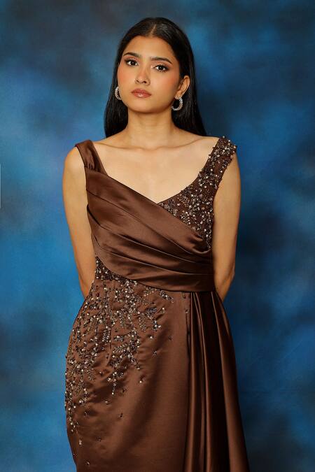 Pooja Kankariya Brown Satin Embroidery Sequin Leaf Neck Axinite Embellished Draped Dress Online at Aza Fashions Pooja Kankariya_Brown Satin Embroidery Sequin Leaf Neck Axinite Embellished Draped Dress _Online_at_Aza_Fashions