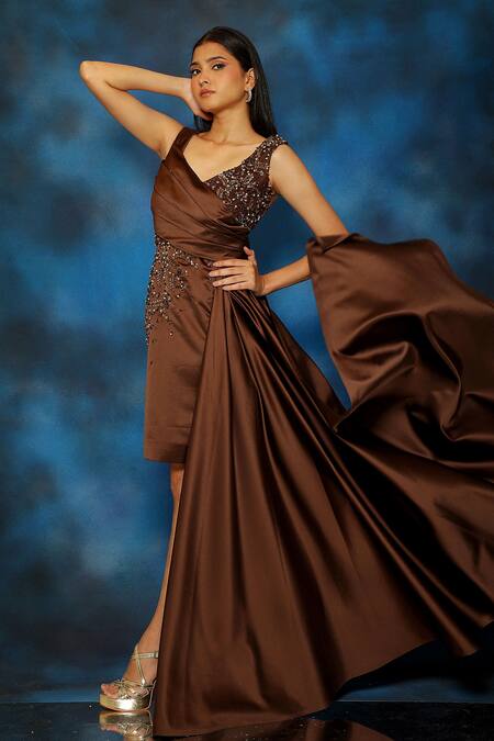 Shop Pooja Kankariya Brown Satin Embroidery Sequin Leaf Neck Axinite Embellished Draped Dress Online at Aza Fashions Shop_Pooja Kankariya_Brown Satin Embroidery Sequin Leaf Neck Axinite Embellished Draped Dress _Online_at_Aza_Fashions