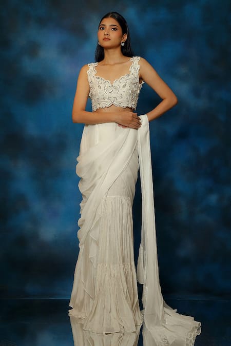 Pooja Kankariya Bay Salt Pleated Pre Draped Saree Set 