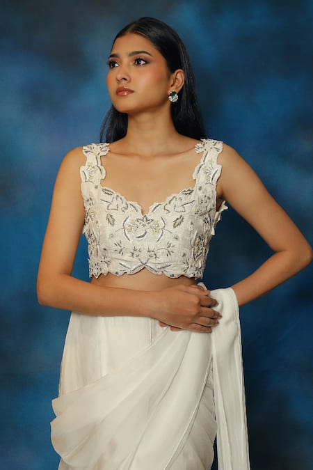 Shop_Pooja Kankariya_Off White Organza, Linen Pearls, Sequins, Bay Salt Pleated Pre Draped Saree Set _Online_at_Aza_Fashions