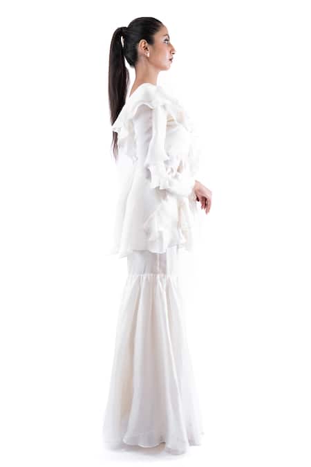 Pooja Kankariya Off White Silk Organza Ruffled V Neck Bay Salt Kurta With Gharara Online at Aza Fashions Pooja Kankariya_Off White Silk Organza Ruffled V Neck Bay Salt Kurta With Gharara _Online_at_Aza_Fashions