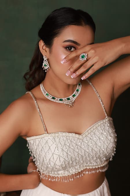 Buy_Pooja Kankariya_Off White Georgette, Bay Salt Ruffled Shackle Lehenga With Embroidered Blouse _Online_at_Aza_Fashions