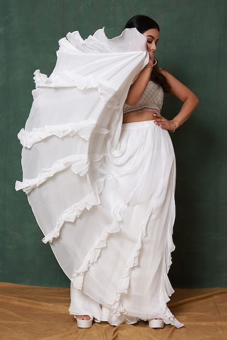 Shop_Pooja Kankariya_Off White Georgette, Bay Salt Ruffled Shackle Lehenga With Embroidered Blouse _Online_at_Aza_Fashions