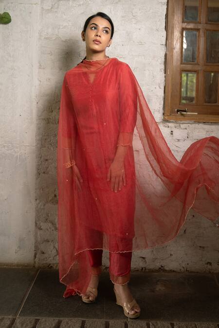 Pooja Kankariya Red Linen Silk Embroidery Cinnabar Hand Embellished Sheer Hem Kurta Pant Set Online at Aza Fashions Pooja Kankariya_Red Linen Silk Embroidery Cinnabar Hand Embellished Sheer Hem Kurta Pant Set _Online_at_Aza_Fashions
