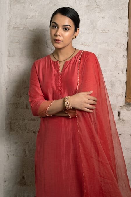Buy Pooja Kankariya Red Linen Silk Embroidery Cinnabar Hand Embellished Sheer Hem Kurta Pant Set Online at Aza Fashions Buy_Pooja Kankariya_Red Linen Silk Embroidery Cinnabar Hand Embellished Sheer Hem Kurta Pant Set _Online_at_Aza_Fashions