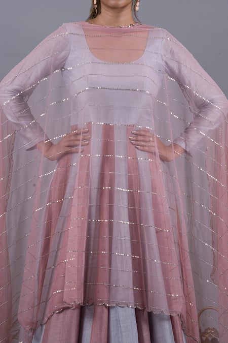 Buy_Pooja Kankariya_Blue Tulle, Linen, Silk Sequins Round Neck Alternate Panelled Flare Anarkali Set _Online_at_Aza_Fashions