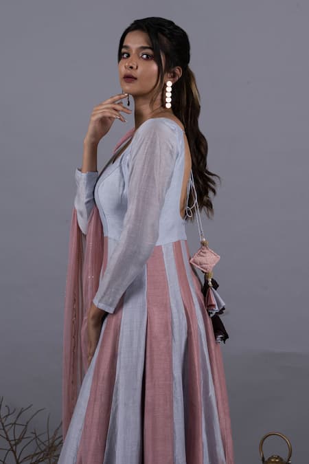 Shop_Pooja Kankariya_Blue Tulle, Linen, Silk Sequins Round Neck Alternate Panelled Flare Anarkali Set _Online_at_Aza_Fashions