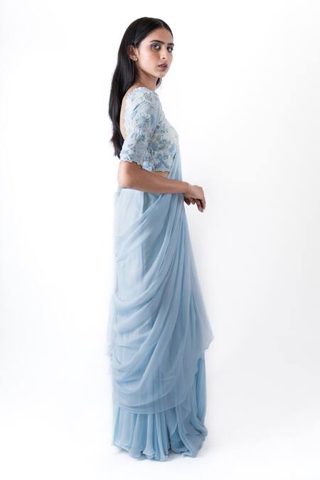 Pooja Kankariya_Blue Silk, Chiffon Beads, Zari, Pearls, Ruffle Pleated Pre Draped Saree Set _Online_at_Aza_Fashions