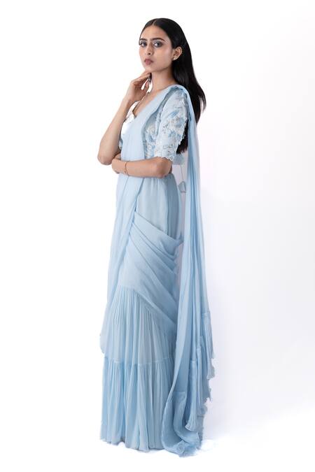 Buy_Pooja Kankariya_Blue Silk, Chiffon Beads, Zari, Pearls, Ruffle Pleated Pre Draped Saree Set _Online_at_Aza_Fashions