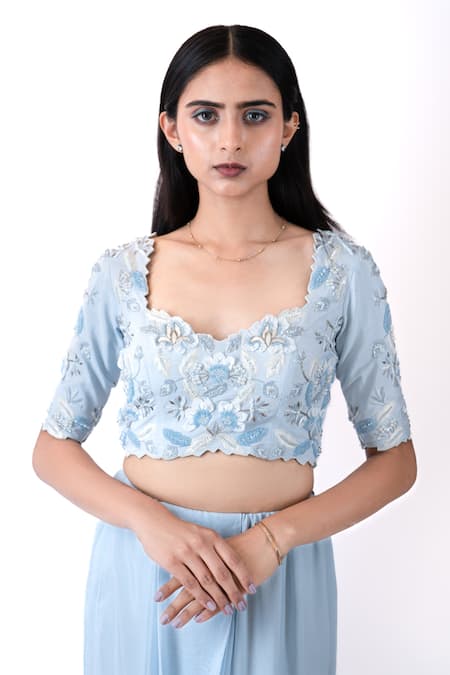 Pooja Kankariya_Blue Silk, Chiffon Beads, Zari, Pearls, Ruffle Pleated Pre Draped Saree Set _at_Aza_Fashions