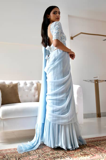 Buy_Pooja Kankariya_Blue Silk, Chiffon Beads, Zari, Pearls, Ruffle Pleated Pre Draped Saree Set 