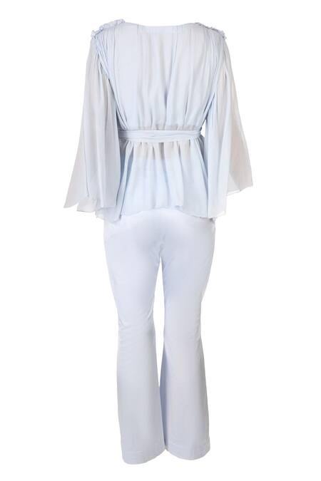 Pooja Kankariya Blue Chiffon, Lycra V-neck Ruffled Shoulder Pleated Yoke Top Bootcut Pant Set Online at Aza Fashions Pooja Kankariya_Blue Chiffon, Lycra V-neck Ruffled Shoulder Pleated Yoke Top Bootcut Pant Set _Online_at_Aza_Fashions