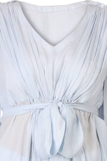 Shop Pooja Kankariya Blue Chiffon, Lycra V-neck Ruffled Shoulder Pleated Yoke Top Bootcut Pant Set Online at Aza Fashions Shop_Pooja Kankariya_Blue Chiffon, Lycra V-neck Ruffled Shoulder Pleated Yoke Top Bootcut Pant Set _Online_at_Aza_Fashions