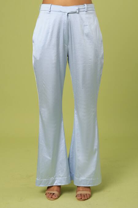 Pooja Kankariya Blue Chiffon, Lycra V-neck Ruffled Shoulder Pleated Yoke Top Bootcut Pant Set at Aza Fashions Pooja Kankariya_Blue Chiffon, Lycra V-neck Ruffled Shoulder Pleated Yoke Top Bootcut Pant Set _at_Aza_Fashions