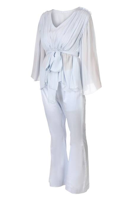 Shop Pooja Kankariya Blue Chiffon, Lycra V-neck Ruffled Shoulder Pleated Yoke Top Bootcut Pant Set Shop_Pooja Kankariya_Blue Chiffon, Lycra V-neck Ruffled Shoulder Pleated Yoke Top Bootcut Pant Set