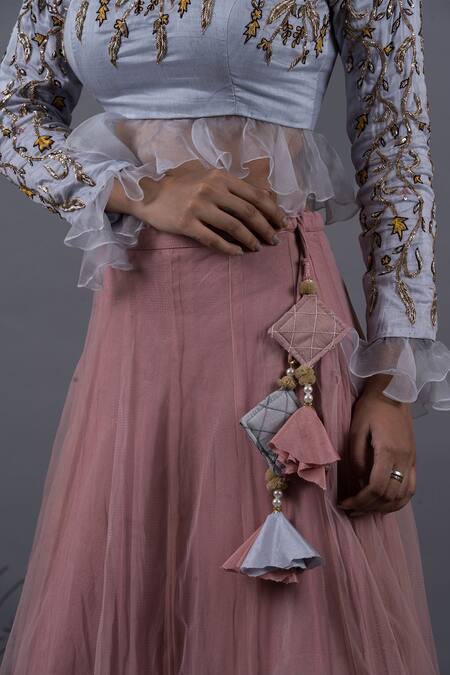 Pooja Kankariya Blue Organza, Linen, Tulle Ivy Vine Sequin Frilly Blouse With Lehenga Online at Aza Fashions Pooja Kankariya_Blue Organza, Linen, Tulle Ivy Vine Sequin Frilly Blouse With Lehenga _Online_at_Aza_Fashions