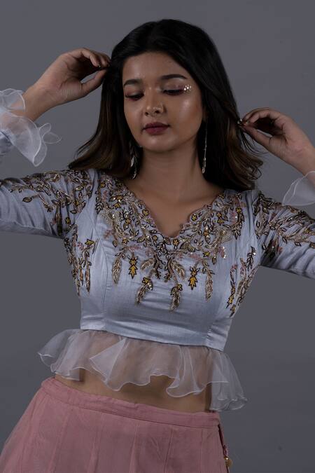 Buy Pooja Kankariya Blue Organza, Linen, Tulle Ivy Vine Sequin Frilly Blouse With Lehenga Online at Aza Fashions Buy_Pooja Kankariya_Blue Organza, Linen, Tulle Ivy Vine Sequin Frilly Blouse With Lehenga _Online_at_Aza_Fashions