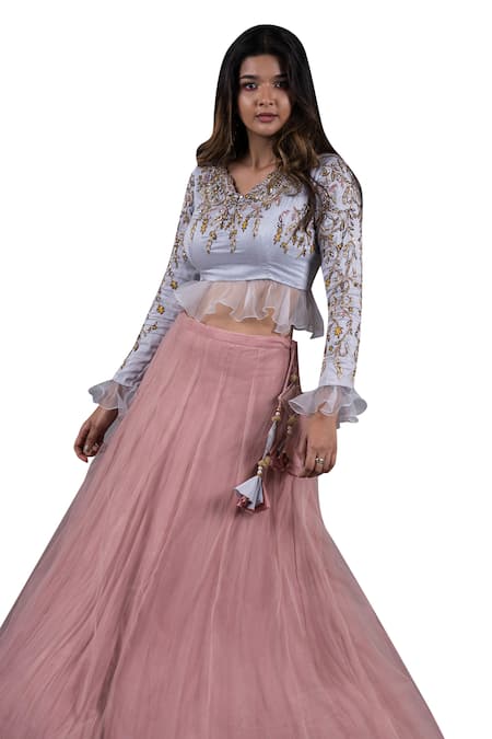 Pooja Kankariya Blue Organza, Linen, Tulle Ivy Vine Sequin Frilly Blouse With Lehenga at Aza Fashions Pooja Kankariya_Blue Organza, Linen, Tulle Ivy Vine Sequin Frilly Blouse With Lehenga _at_Aza_Fashions