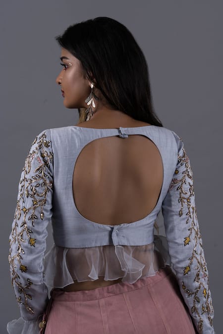 Shop Pooja Kankariya Blue Organza, Linen, Tulle Ivy Vine Sequin Frilly Blouse With Lehenga at Aza Fashions Shop_Pooja Kankariya_Blue Organza, Linen, Tulle Ivy Vine Sequin Frilly Blouse With Lehenga _at_Aza_Fashions