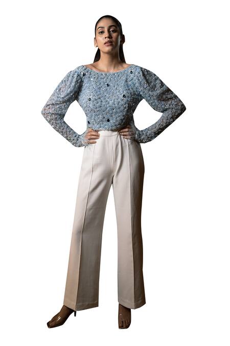 Buy_Pooja Kankariya_Blue Tulle Embroidery Pearls Boat Neck Celeste And Stone Embellished Top _Online_at_Aza_Fashions