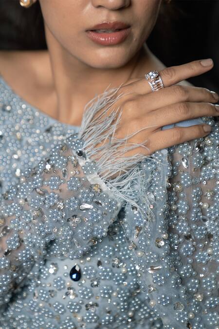 Buy_Pooja Kankariya_Blue Tulle Embroidery Pearls Boat Neck Celeste And Stone Embellished Top 