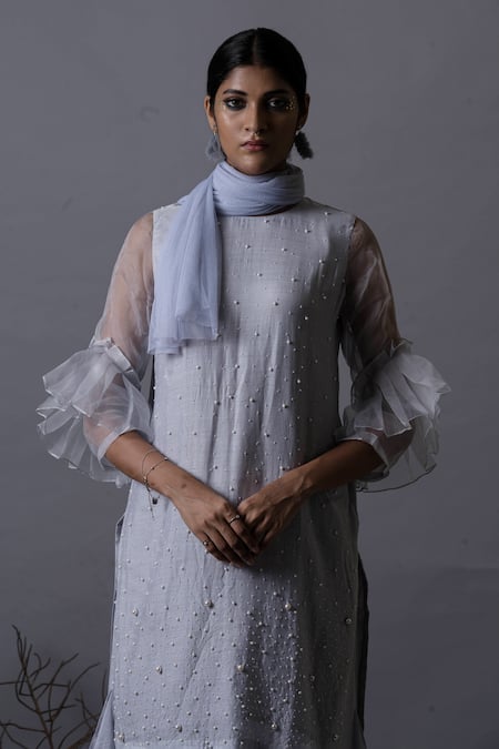 Shop_Pooja Kankariya_Blue Modal Silk Embroidery Pearl Round Neck Meadow Embellished Kurta Set _Online_at_Aza_Fashions