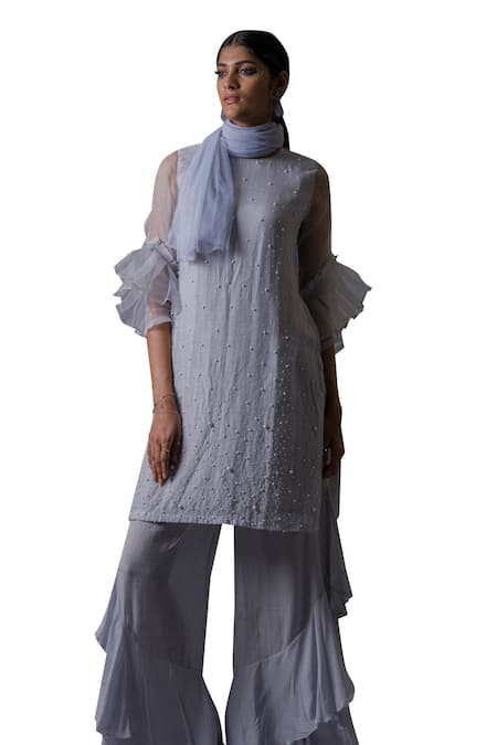 Pooja Kankariya_Blue Modal Silk Embroidery Pearl Round Neck Meadow Embellished Kurta Set _at_Aza_Fashions