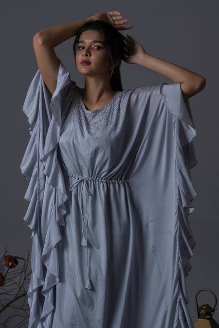 Pooja Kankariya Blue Crepe, Silk Pearls, Beads Round Neck Meadow Embellished Kaftan With Inner Online at Aza Fashions Pooja Kankariya_Blue Crepe, Silk Pearls, Beads Round Neck Meadow Embellished Kaftan With Inner _Online_at_Aza_Fashions
