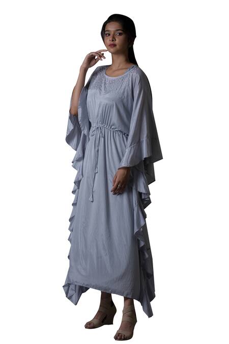 Buy Pooja Kankariya Blue Crepe, Silk Pearls, Beads Round Neck Meadow Embellished Kaftan With Inner Online at Aza Fashions Buy_Pooja Kankariya_Blue Crepe, Silk Pearls, Beads Round Neck Meadow Embellished Kaftan With Inner _Online_at_Aza_Fashions