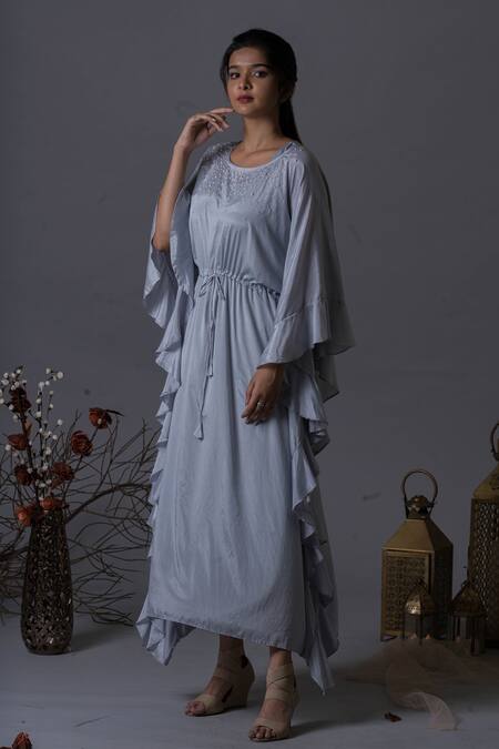 Shop Pooja Kankariya Blue Crepe, Silk Pearls, Beads Round Neck Meadow Embellished Kaftan With Inner at Aza Fashions Shop_Pooja Kankariya_Blue Crepe, Silk Pearls, Beads Round Neck Meadow Embellished Kaftan With Inner _at_Aza_Fashions