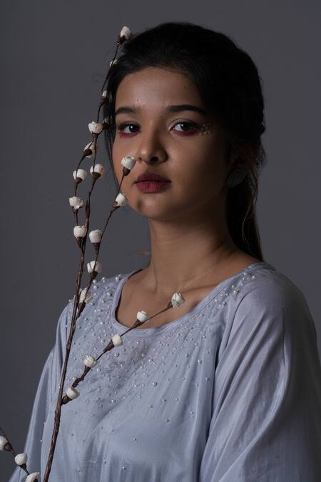 Shop Pooja Kankariya Blue Crepe, Silk Pearls, Beads Round Neck Meadow Embellished Kaftan With Inner Online at Aza Fashions Shop_Pooja Kankariya_Blue Crepe, Silk Pearls, Beads Round Neck Meadow Embellished Kaftan With Inner _Online_at_Aza_Fashions