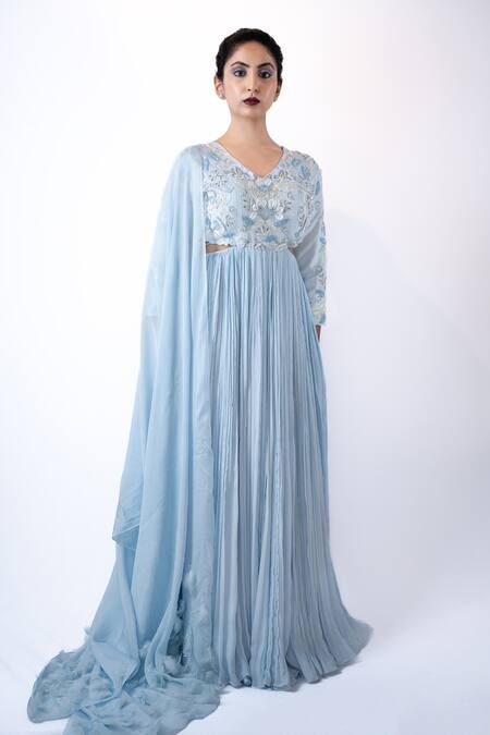 Buy_Pooja Kankariya_Blue Silk, Chiffon Florence Embroidered Accordion Pleated Gown With Dupatta _Online_at_Aza_Fashions