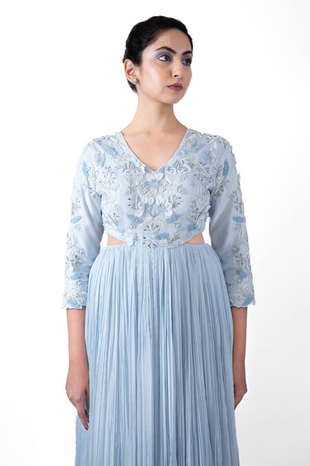 Pooja Kankariya_Blue Silk, Chiffon Florence Embroidered Accordion Pleated Gown With Dupatta _at_Aza_Fashions