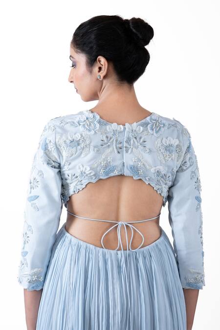 Buy_Pooja Kankariya_Blue Silk, Chiffon Florence Embroidered Accordion Pleated Gown With Dupatta 