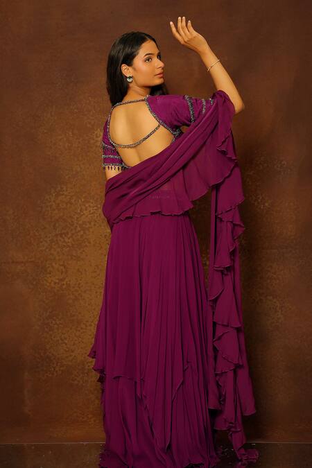 Shop_Pooja Kankariya_Purple Silk, Georgette Cut Work, Sequins, Beads, Layered Shackle Lehenga Set _Online_at_Aza_Fashions