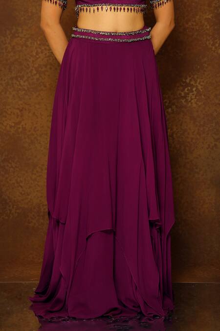 Pooja Kankariya_Purple Silk, Georgette Cut Work, Sequins, Beads, Layered Shackle Lehenga Set _at_Aza_Fashions